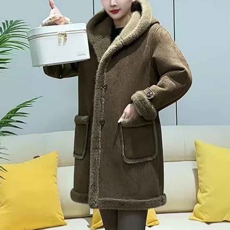 Korean Style Mid-Length Suede Fleece Women's Hooded Lambswool Winter Coat