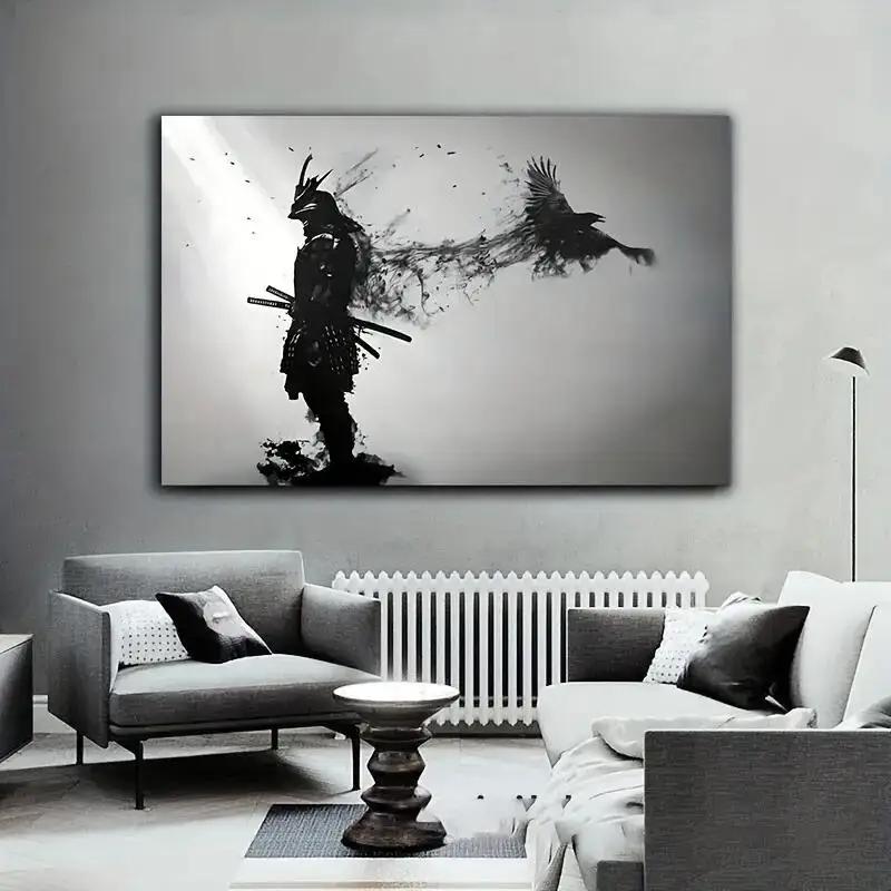 Black and White Japanese Black Samurai Man with Crow Posters and Print Wall Art Canvas Painting  for Living Room Cuadros Decor