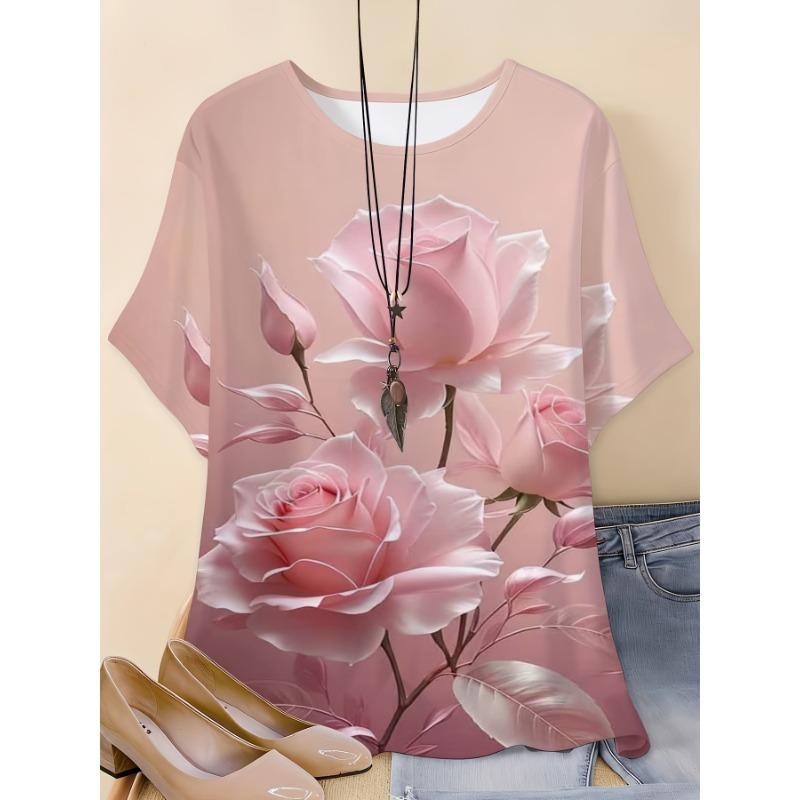 

Pink Rose Print Loose Fit T-Shirt Women s Short Sleeve Casual Top Elegant Rose Pattern Suitable for Casual Dressing and Summer 4XL
