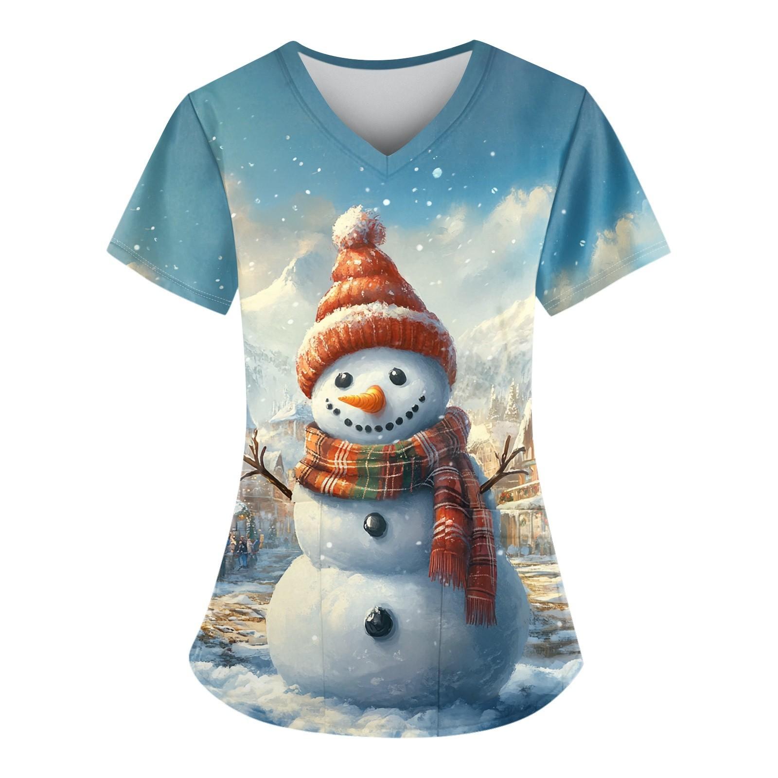 

Женский свободный облегающий топ с принтом рождественского снеговика и V-образным вырезом, короткими рукавами и карманами S белый