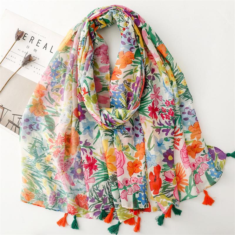 Fashion Women Viscose Scarf Luxury Flower Ventilate Shawl Cotton Linen Feeling Tassel Pashmina Muslim Hijab Wrap Lady