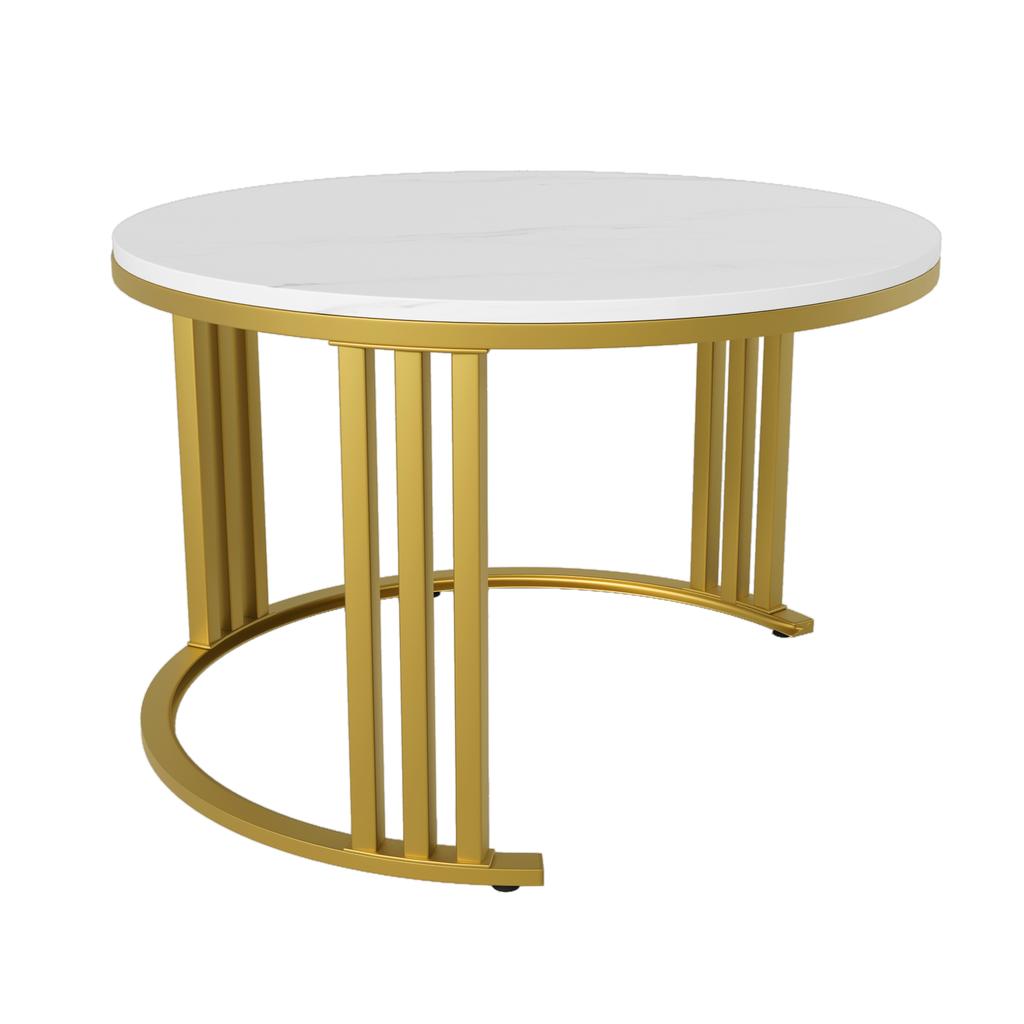 Tavolino da caffè rotondo in MDF 2 in 1, Tavolino laterale con piano lucido e 1 piano in marmo bianco, Combinazione di tavoli per soggiorno con 2 cassetti, 70*70*46 + 50*50*40 cm