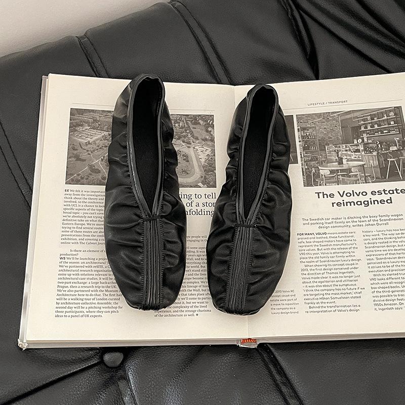 Fashion retro single shoes pleated ballet flats women's autumn temperament one pedal square head Mary Jane grandma shoes