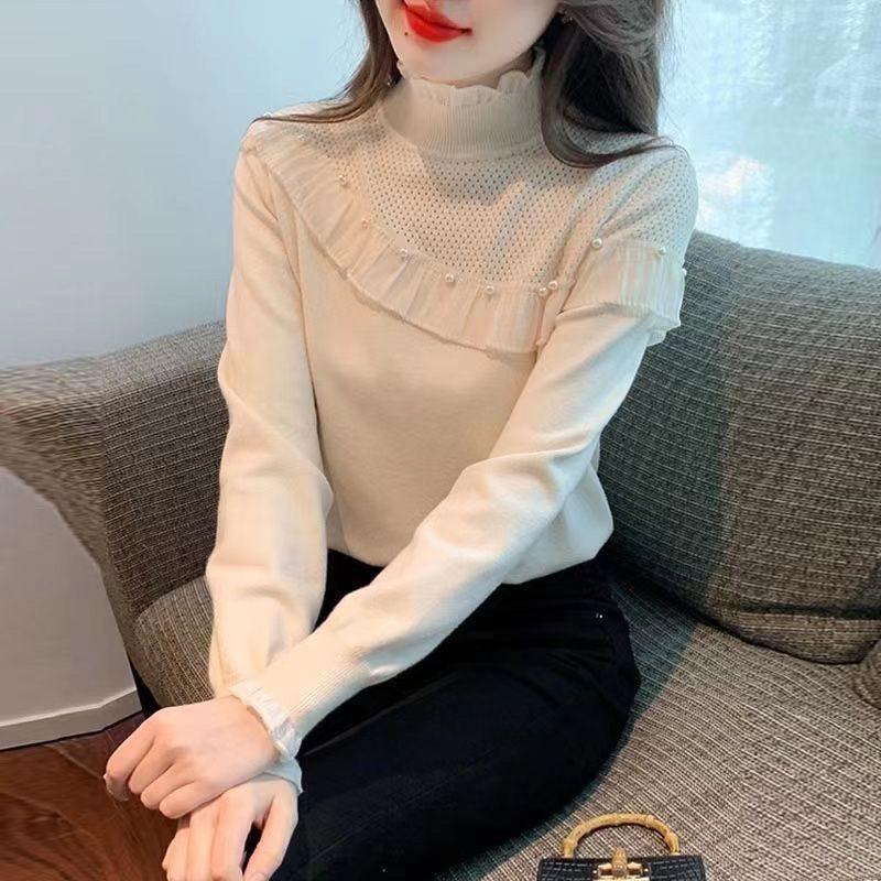 Women's Autumn/Winter Beaded Patchwork Long Sleeve Semi-High Neck Knitted Top