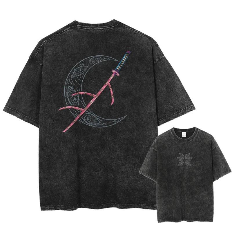 T-Shirt Cotton Harajuku Style Cotton Washed Retro Loose Mu Team Casual Men'S Animation Ghost Annihilation Blade Black Death
