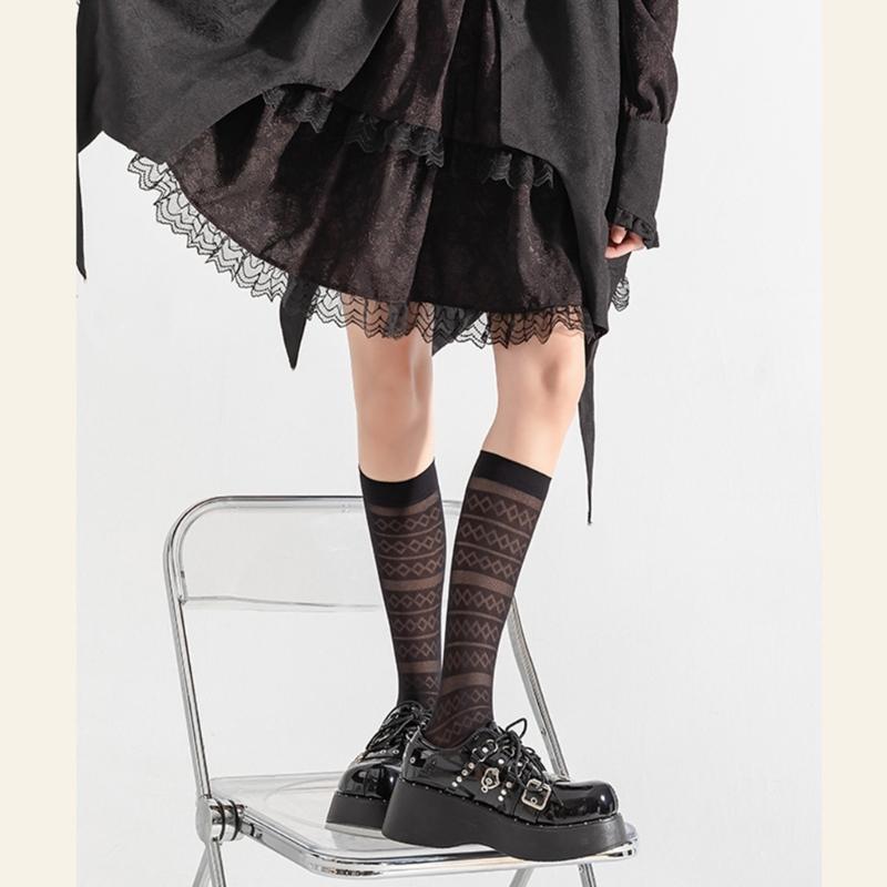 Women Elegant Thin Sheer Solid Color Silk Over Calf Socks Japanese Style Geometric Striped Pattern Knee Length Stockings