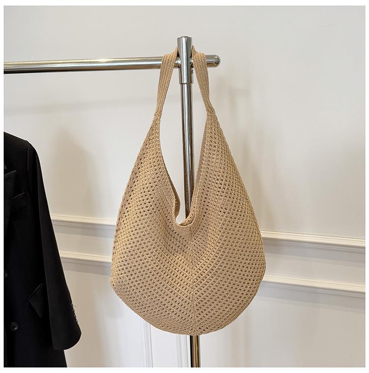 Casual large-capacity cotton thread woven bag, new openwork straw bag, lazy style shoulder bag, vacation beach bag, women's bag