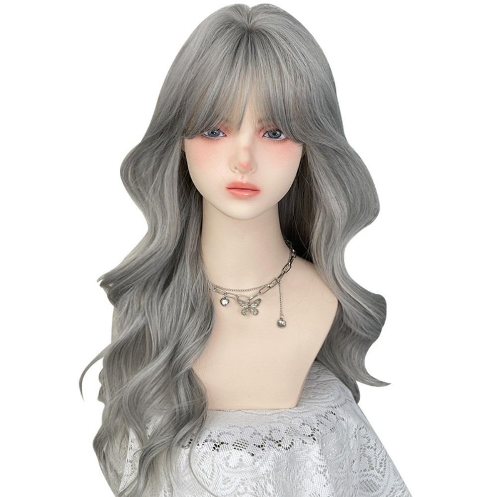 Air Bangs Long Curly Wave Hair Halloween Lolita Headband Wigs Grey Cosplay Wigs with Bangs Party