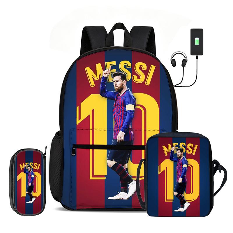 Leer, Reizen Voetbal Sport Rugzak M-Messi 3 Delige Set Kinderrugzak Schoudertas, Etui, Voetbalster Rugzak