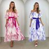 Europe and the United States 2026 Summer New Elegant One-word Shoulder Waist Bubble Sleeves Printed Pendulum Dress
