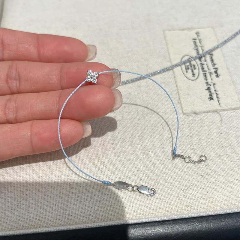 

[Search Light] Flash Full Diamond Clover Blue Braided Carrying Strap Korean Simple Accessible Luxury Ultra-Fine Twin Bracelet for Women