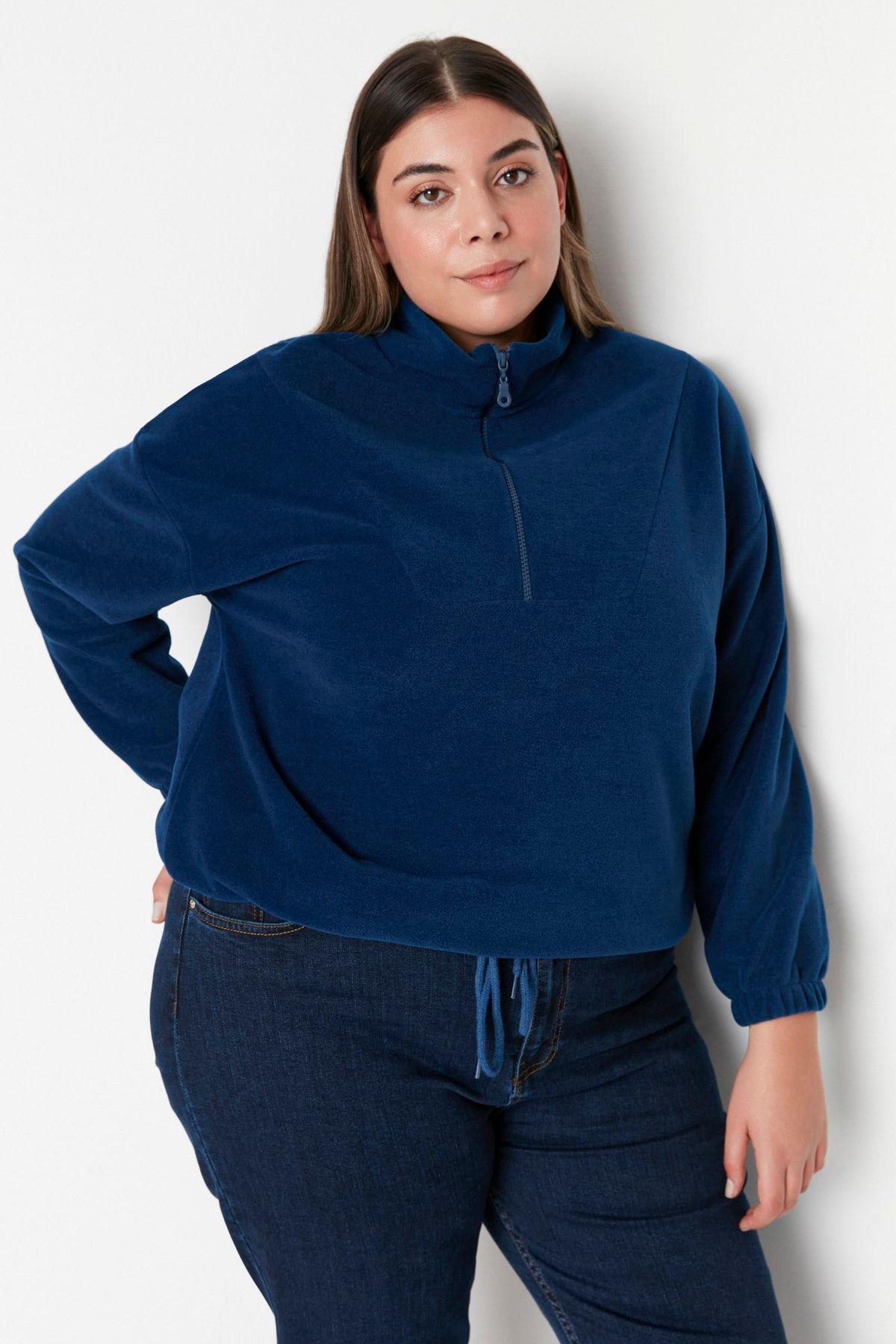 

Women s Plus Size Sweatshirt Navy Blue Lace Detailed Polar Knitted Sweatshirt 2XL