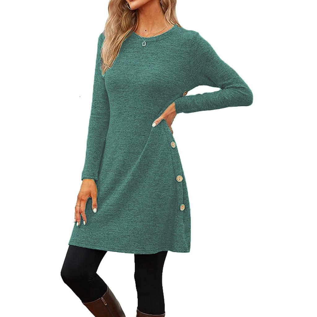Women's Casual Round Neck Hem Slit Long Sleeve Dress