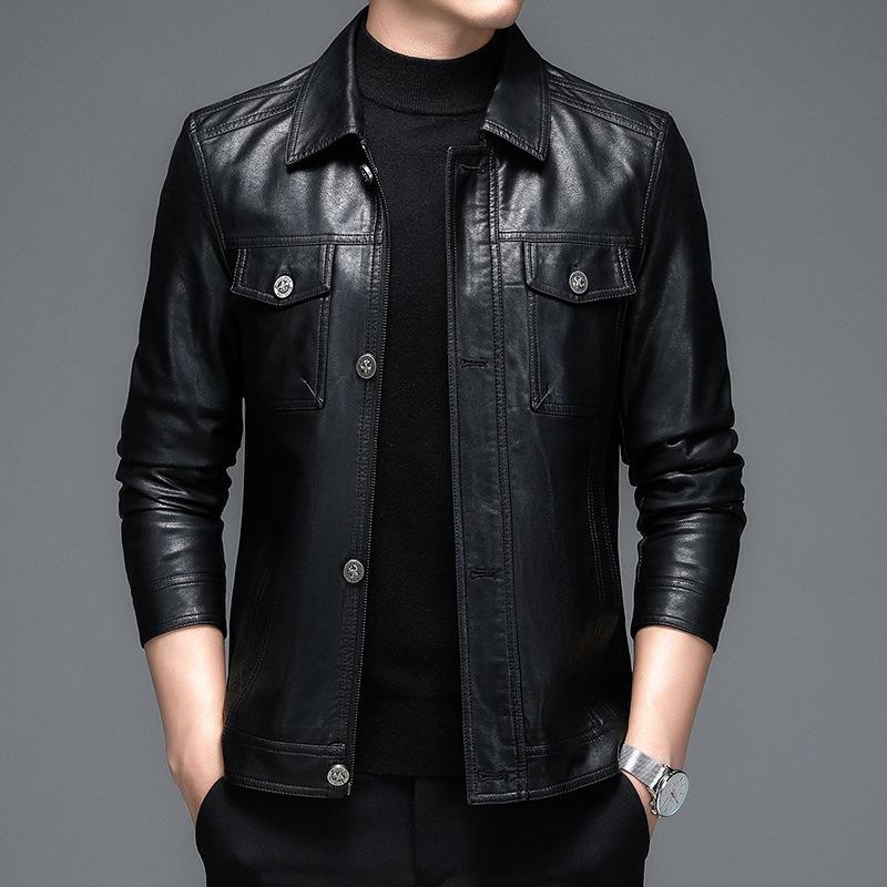 Men's Sheepskin Leather Jacket Autumn and Winter Fashionable Young and Middle-aged Jacket Men's Velvet Warm Men's Leather Jacket