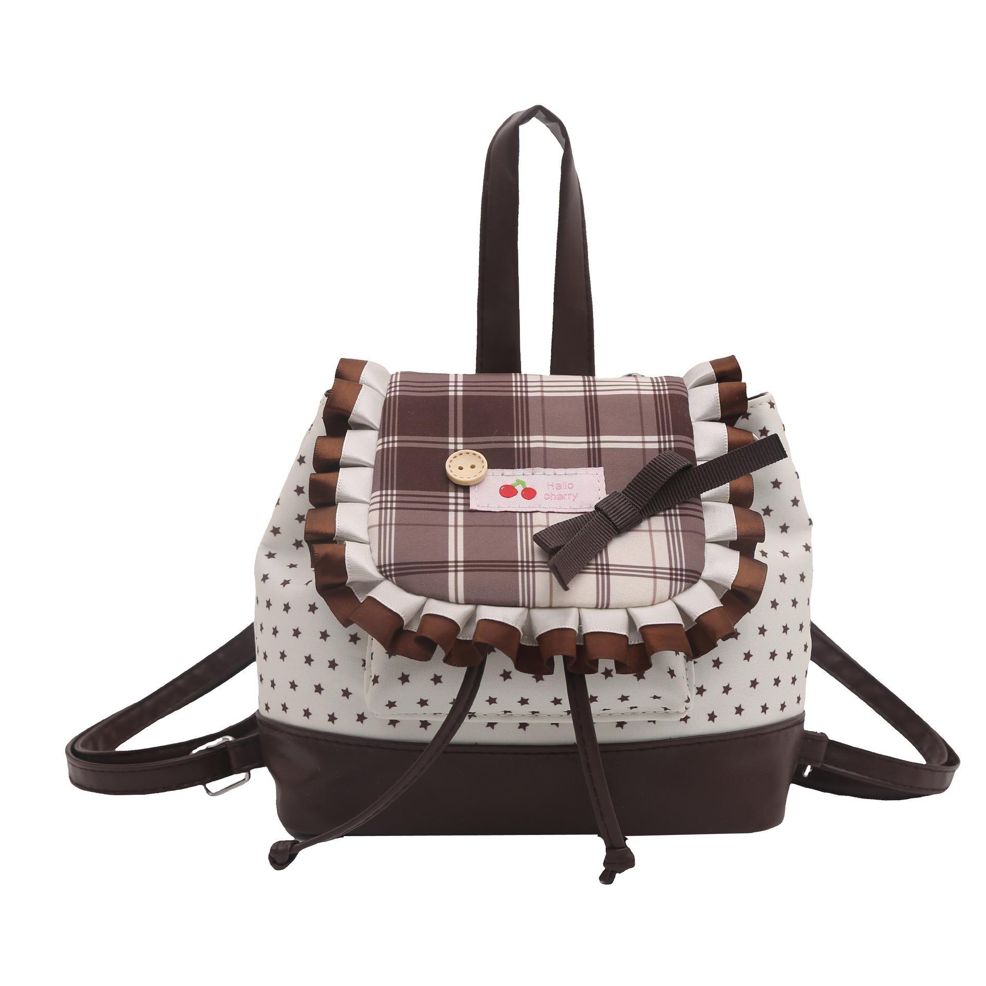 British College Style Lace Plaid Backpack Women s New Korean Versatile Handbag коричневый