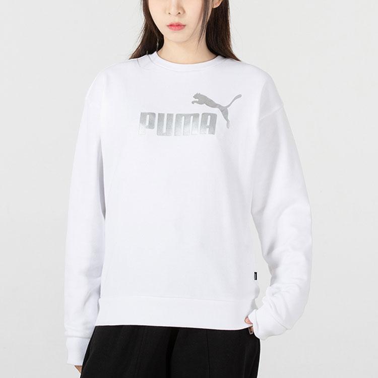 Puma Logo Printed Crew Neck Pullover Long Sleeve Sweatshirt Women Sweatshirt White 670945-02