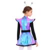 Girls Alien Costume Set Patchwork Metallic Dress Mock Neck Long Sleeve Built In Shorts Matching Hair Hoop
