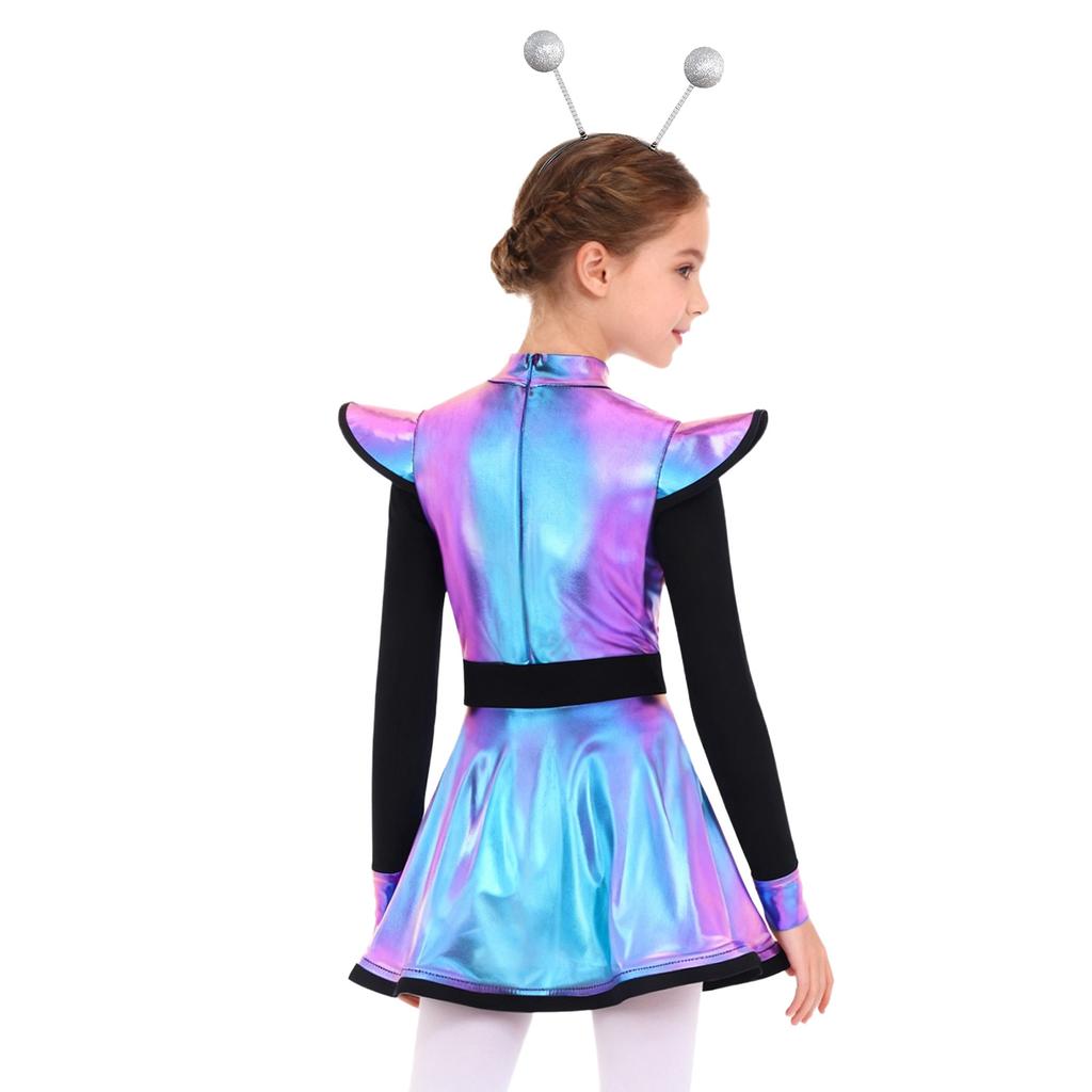 Girls Alien Costume Set Patchwork Metallic Dress Mock Neck Long Sleeve Built In Shorts Matching Hair Hoop