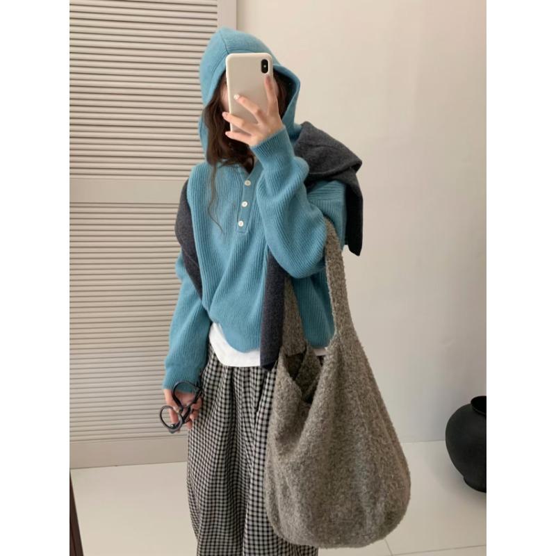 Pit Strip Loose Half-open Neck Pullover Sweater Women's Candy Color Autumn Lazy Wind Versatile Hooded Pullover Sweater