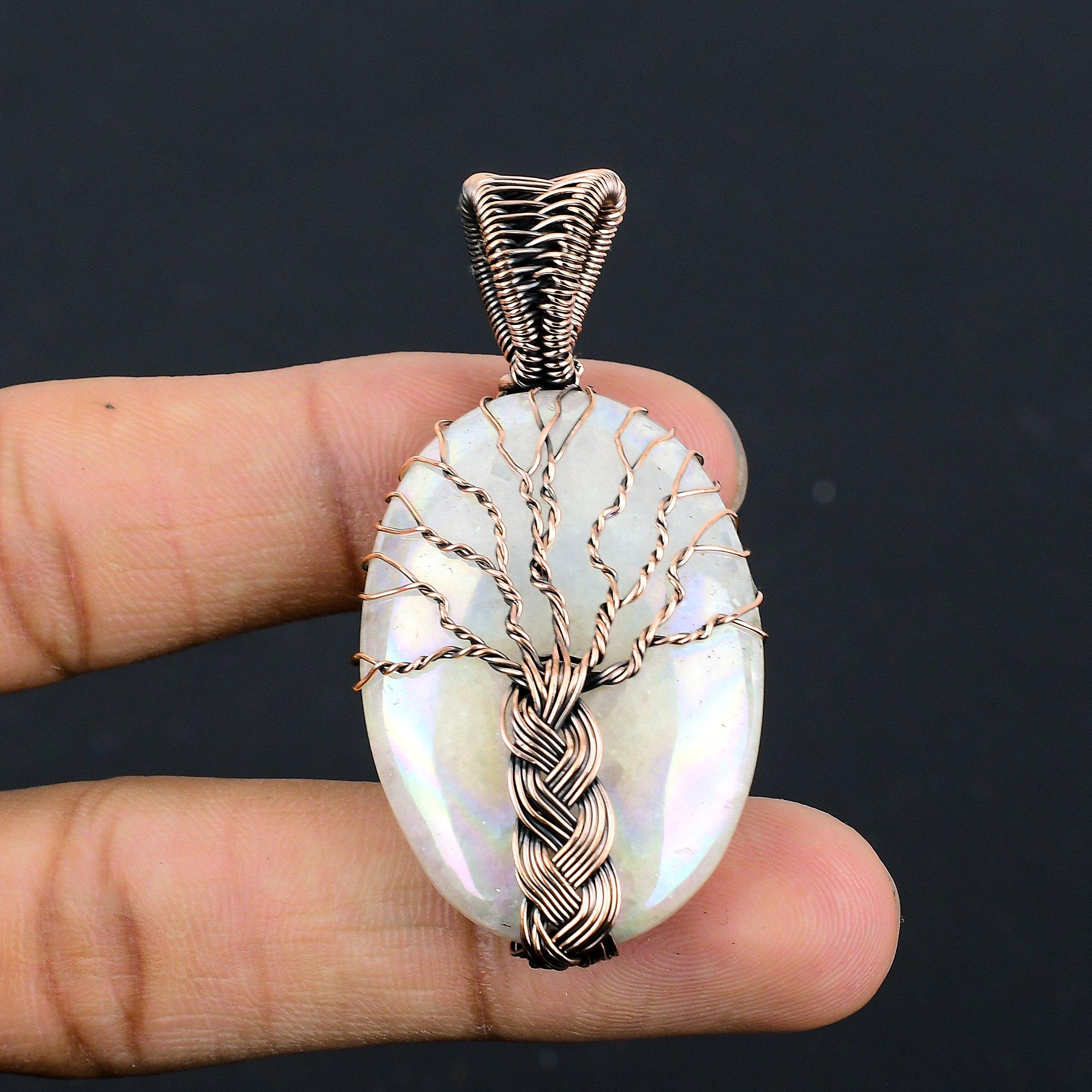 

Кулон из лунного камня, обернутый медной проволокой 999 пробы, кулон из драгоценного камня ручной работы, подарок для мамы, антикварное украшение 2.55 Inches