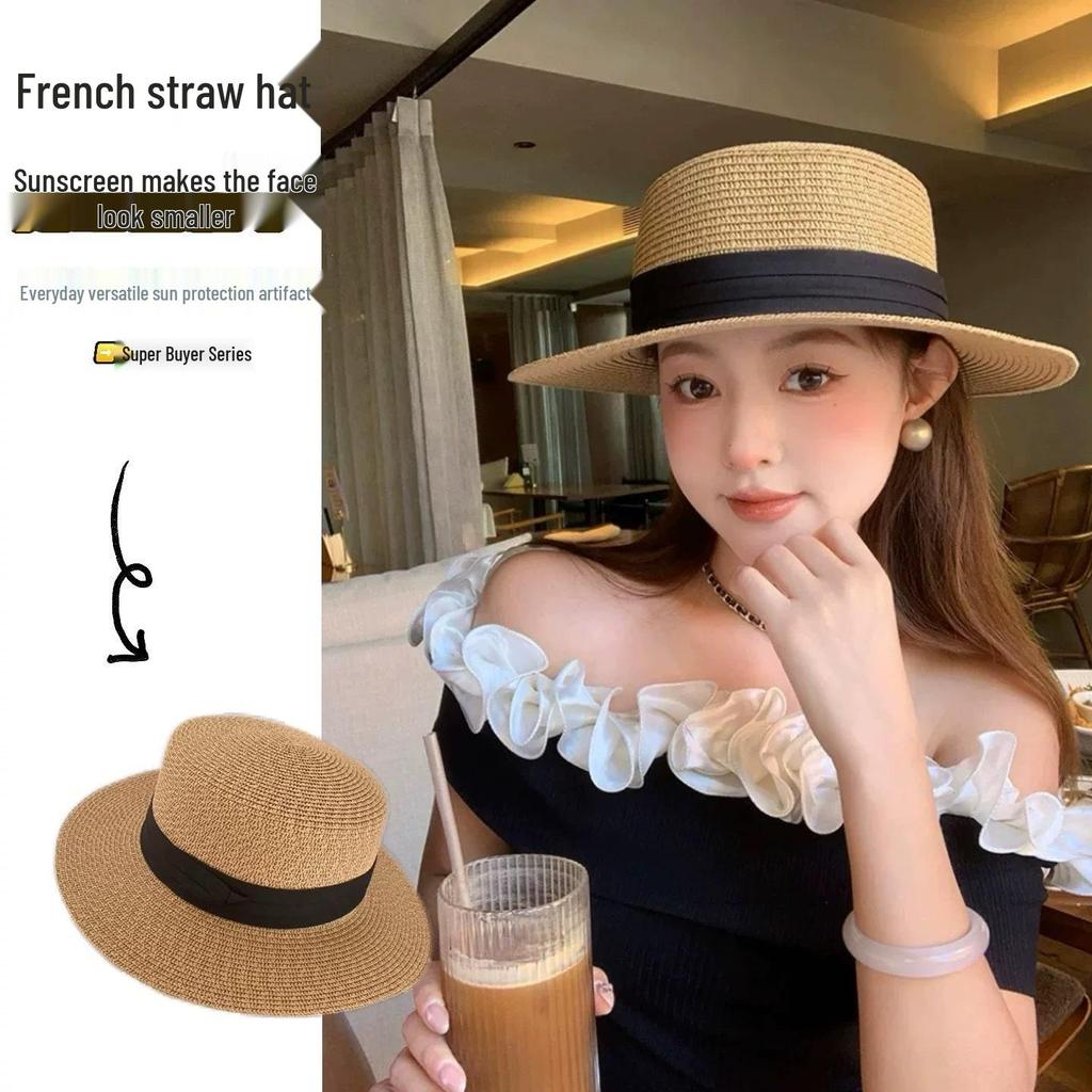 Versatile Women's French Flat-Top Woven Straw Sun Hat for Beach & Travel