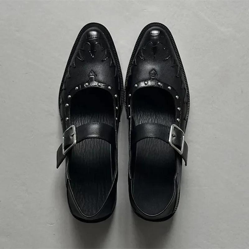 Fashion High Quality Leather Women Shoes Sexy Pointed Toe Metal Buckle Mary Jane Shoes for Women Punk Black Elegant Woman Heeled Shoes