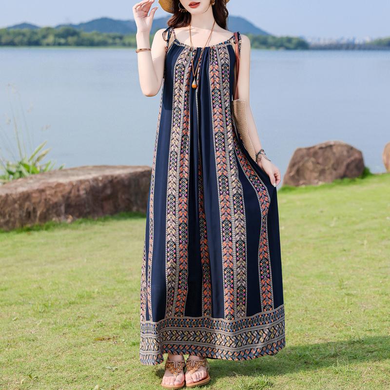 Elegant Woman Summer Strap Dress Plus Size Casual Loose Long Dress Female Vintage Clothes