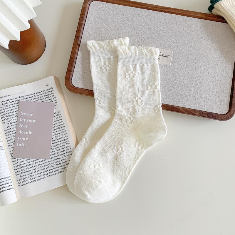 Girls' Lace Cotton Mid-Calf Socks: Summer Thin, Breathable, Ballet Style, Slouch Design.