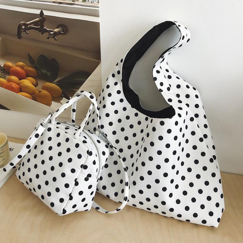 Korean Polka Dot Canvas Tote Bag Women Versatile Casual Shoulder Crossbody Bag Simple Fashion Handbag For Daily Commute Outings