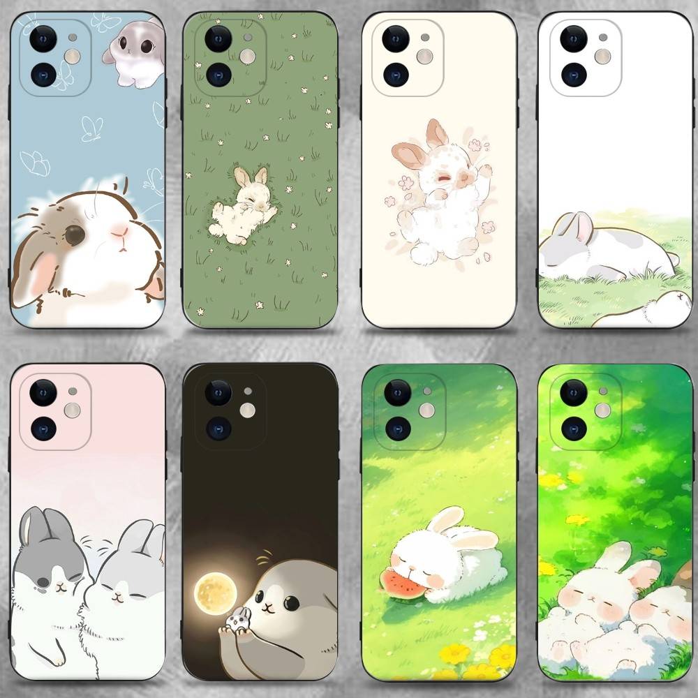 Cute Cartoon Rabbit Phone Case For iPhone 17,16,15,14,13,12,11 Plus,Pro Max,XS,X,XR,SE,Mini,8,7,Soft Silicone Black Cover