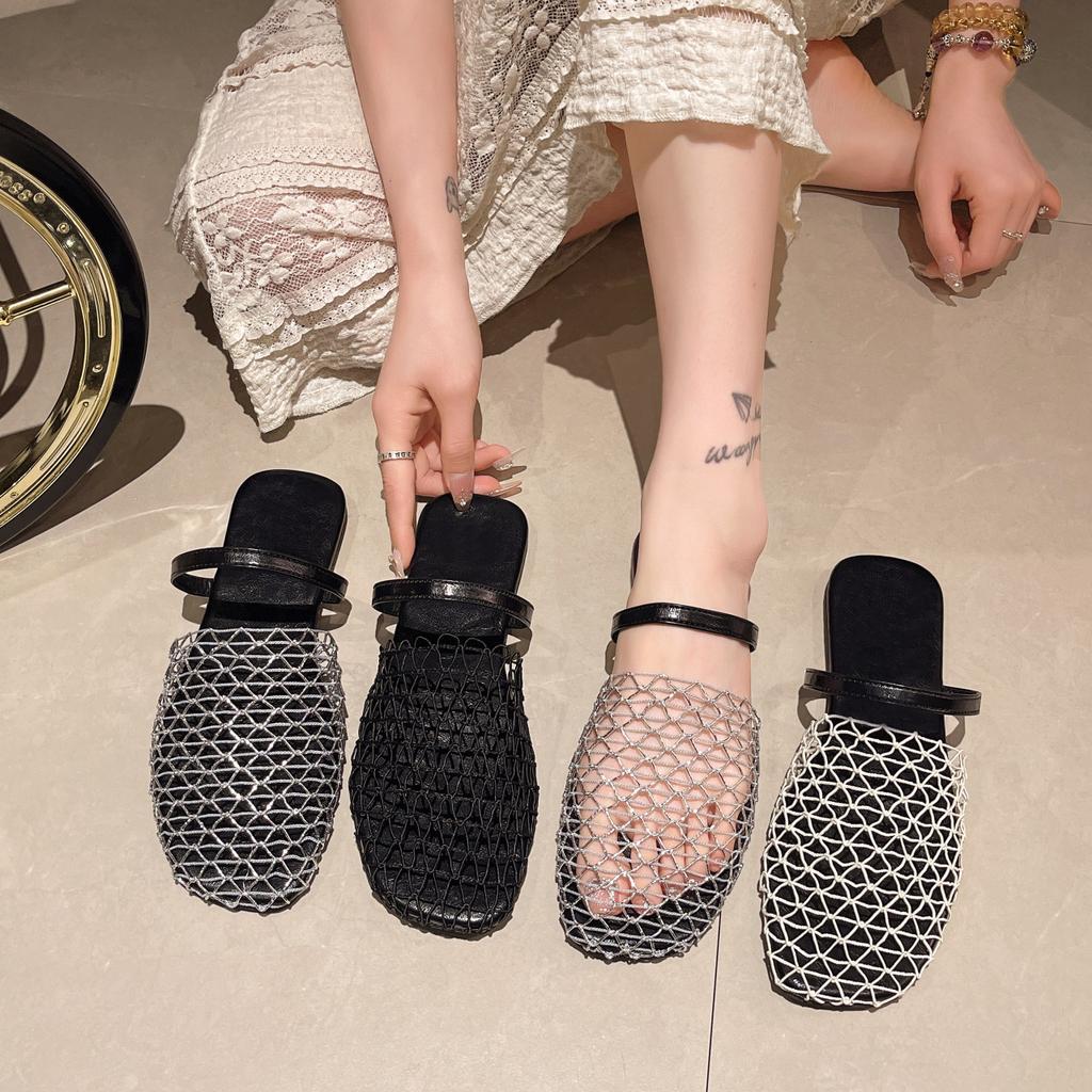 Summer Fisherman Flat Bottom Round Head Baotou Half Slippers Niche Fishnet Weaving Hollow Out Roman Sandals Women