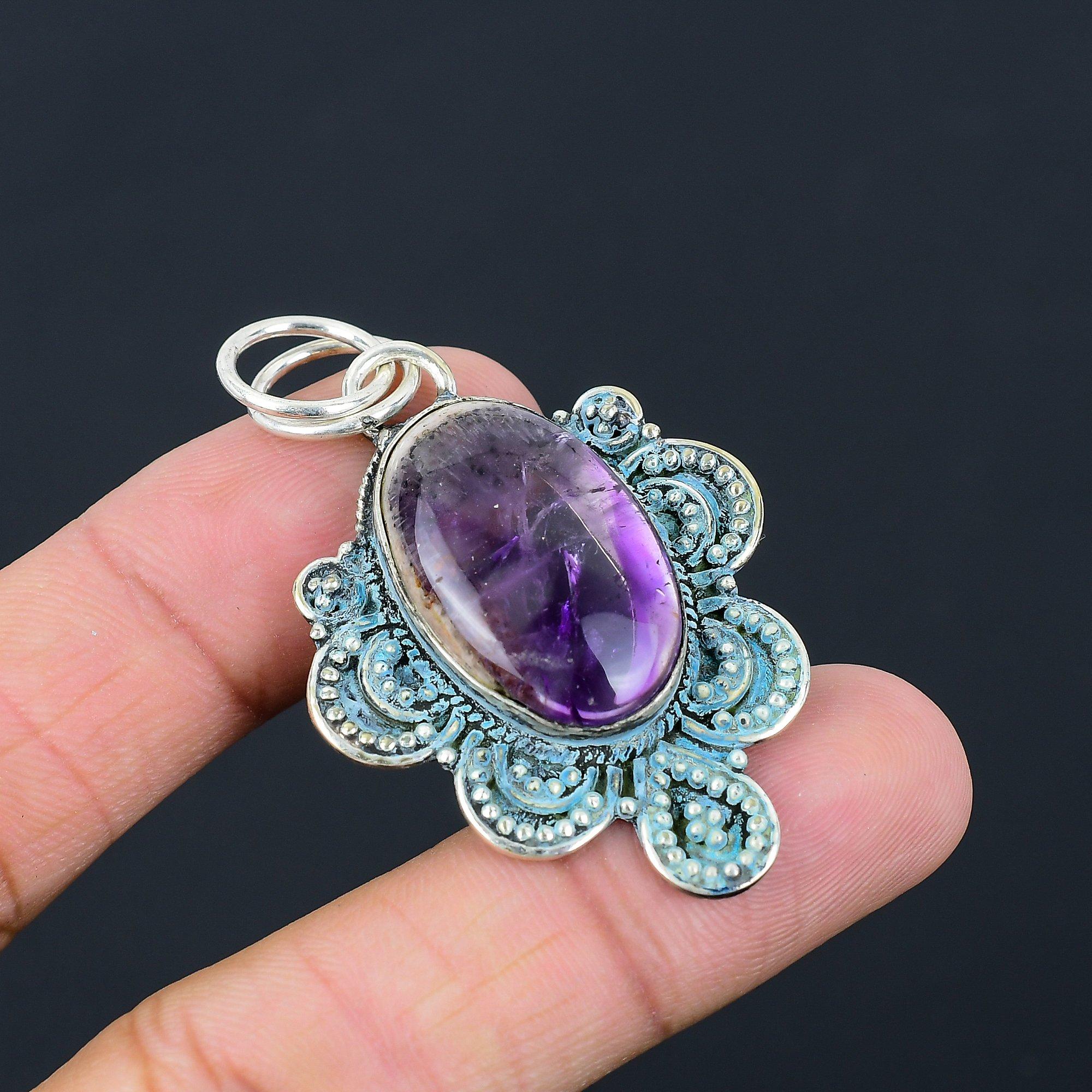 Oval Star Amethyst Gemstone New Wife Anniversary Handcrafted Pendant 925 Silver
