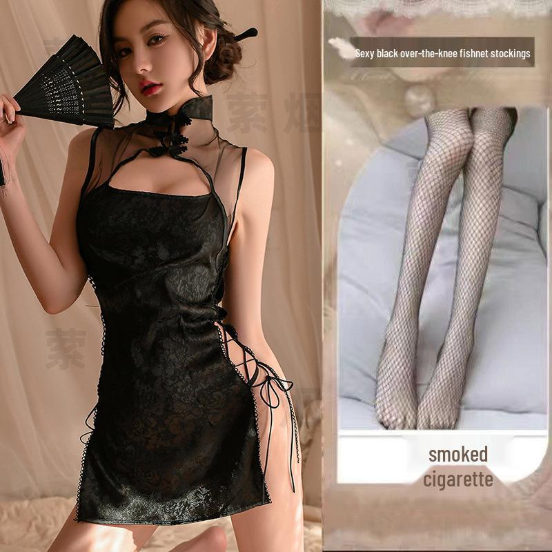 Retro Cheongsam Temptation Lingerie Set with Side Slit and Lace-up Design