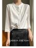 New Chinese Style Seven-Sleeve Xiangyun Yarn Jacket with Embroidered Stand Collar Faux Silk Shirt 