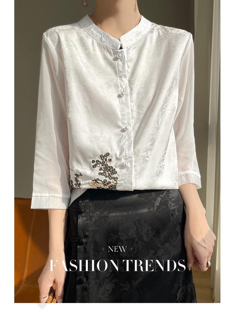New Chinese Style Seven-Sleeve Xiangyun Yarn Jacket with Embroidered Stand Collar Faux Silk Shirt 