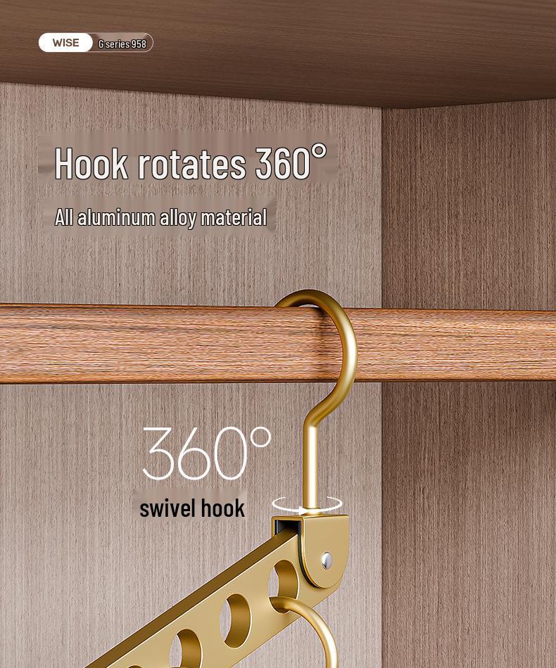 Aluminum Alloy Folding Eight-Hole Hanger with Single Hook for Versatile Wardrobe and Laundry Storage