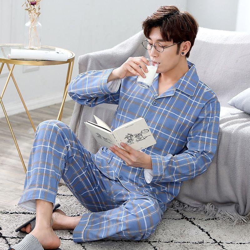 Men's 100% Cotton Long-Sleeve Pajama Set, Plus Size, Cardigan Style for Spring, Autumn, and Summer.