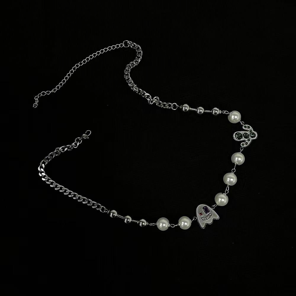 Little Ghost Cactus Cool Tide Diamond-set Titanium Steel Splicing Pearl Necklace Niche Personality Accessories Delicate Clavicle Chain