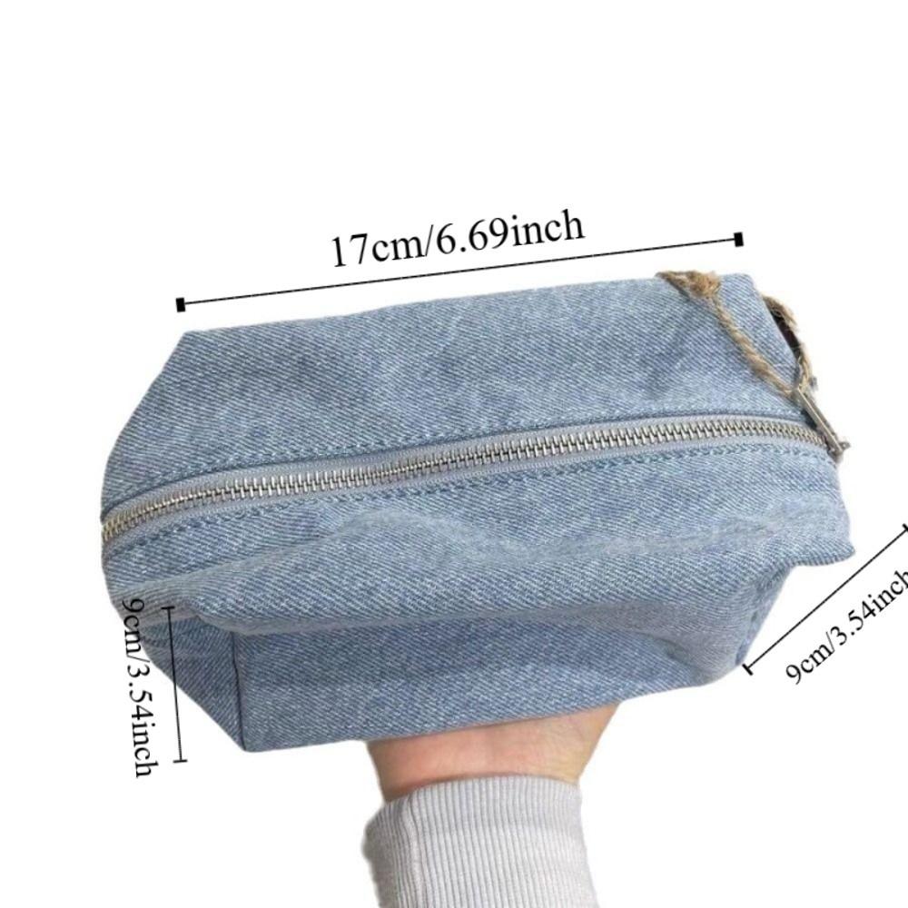 Einfarbige blaue Denim-Kosmetiktasche im koreanischen Stil mit Reißverschluss, rechteckige Vintage-Federtasche zur Aufbewahrung von Schreibwaren für Damen
