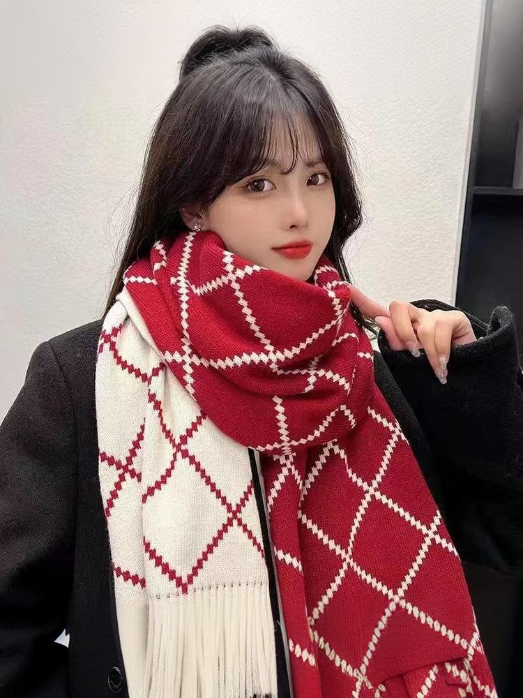 Women's Red Winter Scarf - Korean Style Plaid Knit Wool Neck Warmer Fashion Student Casual Warm Soft Wrap For Cold Weather