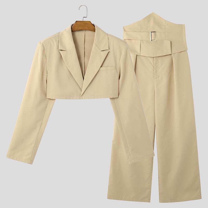 INCERUN Two Pieces Outfits Men Long Sleeve Short Coat High Waist Long Straight Pants Sets