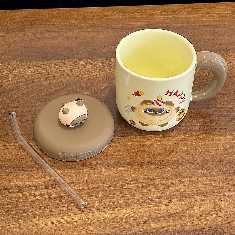 Cute Siamese Cat Ceramic Cup with Lid Girls Good-looking Drinking Water Cup Couple Ceramic Coffee Cup Birthday Gift