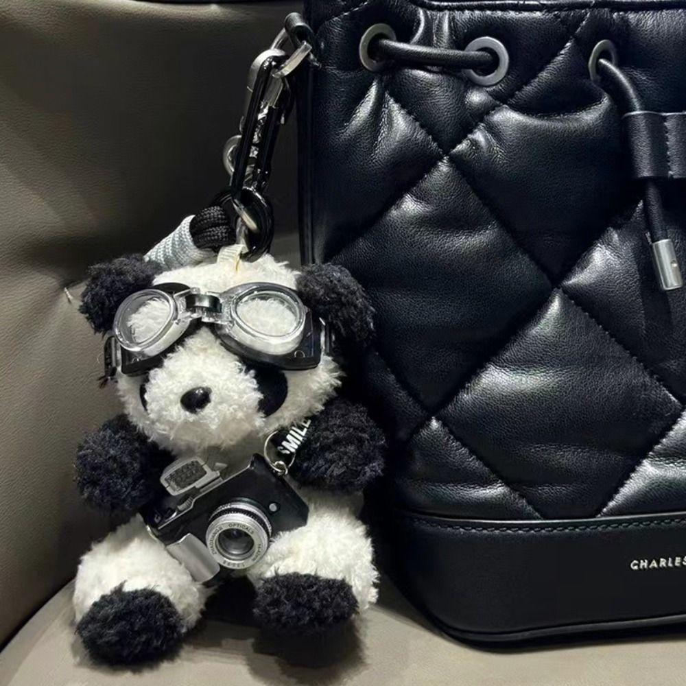 Cute Camera Plush Bear Pendant Sunglasses Panda Doll Keychain Creative Sweater Car Key Ring Gifts