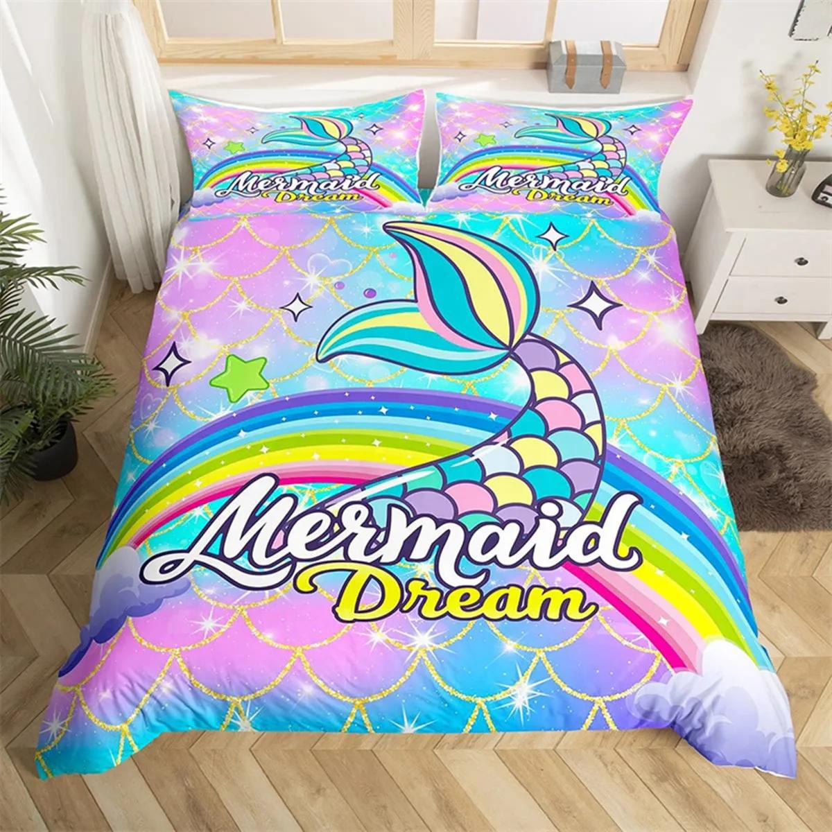 

Carton Mermaid Dolphin Soft Duvet Cover Rainbow Fish Scales Microfiber Fantasy Sea Animal Bedrom Decoration for Young Girls Children Ten 100*200cm Single
