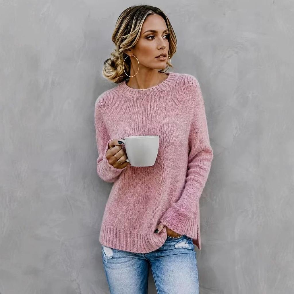 Women's Retro Versatile Knit Sweater: Front Short, Back Long, Round Neck, Long Sleeve Pullover