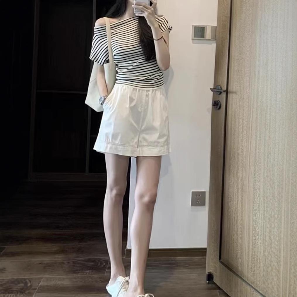 Striped one-word shoulder short-sleeved T-shirt women's summer new Korean style slim-fitting diagonal neck off-the-shoulder top trendy