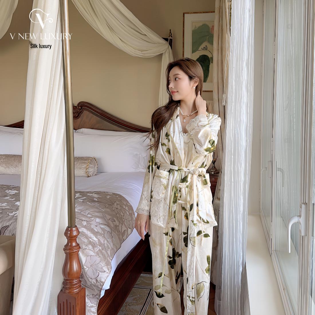 Шелковый Роскошный Женский Осенне-Зимний Комплект Пижамы-Майки - V7S3196 Large