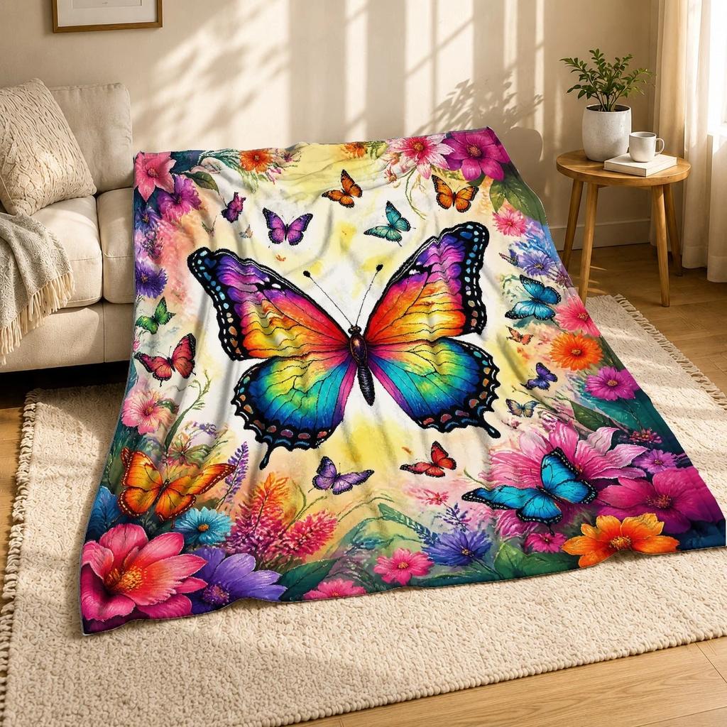Rainbow Butterfly Floral Border Coral Fleece Blanket Garden Decor
