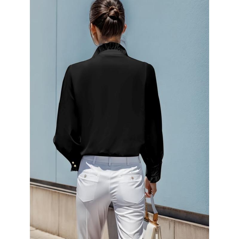 YYFS Women's Fashion Casual Spring Fall Solid Color Print Long Sleeve Stand-Neck Blouses & Shirts