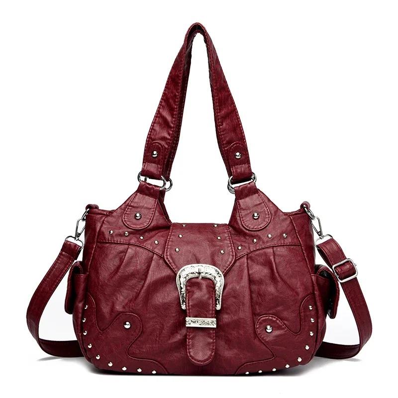 Stilvolle Lederhandtasche mit silbernen Nieten und Metallschnalle Damen Hohe Kapazität Vintage Weiches Leder Damen Lässige Schulter-Umhängetasche Reise